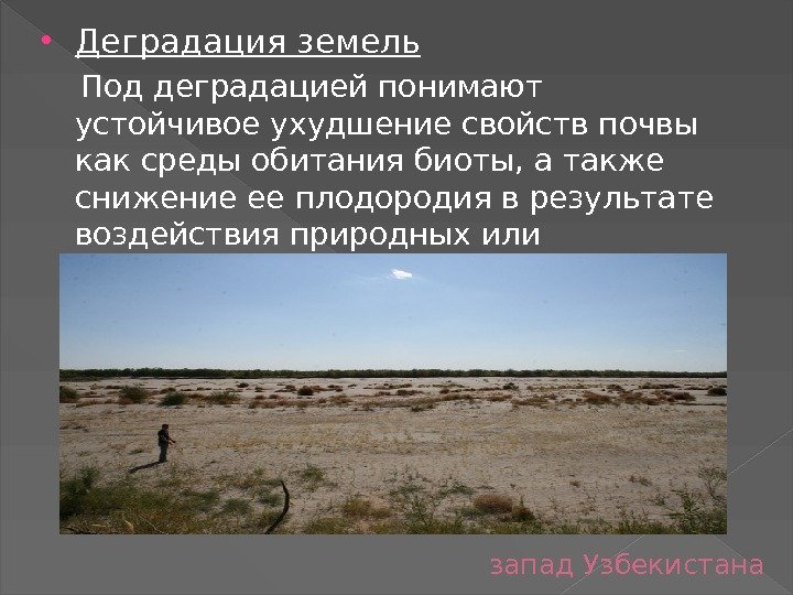 запад Узбекистана Деградация земель Под деградацией понимают устойчивое ухудшение свойств почвы как среды обитания