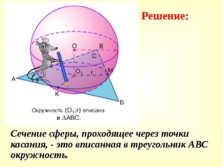   Сечение сферы, проходящее через точки касания, - это вписанная в треугольник АВС