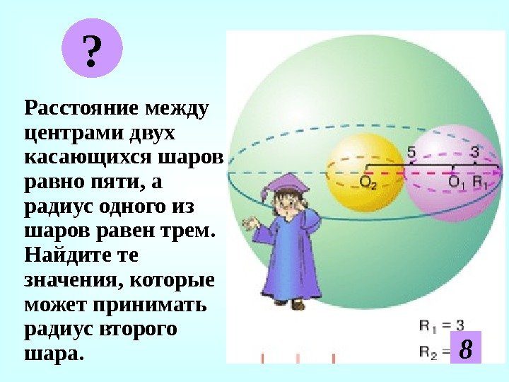   Расстояние между центрами двух касающихся шаров равно пяти, а радиус одного из