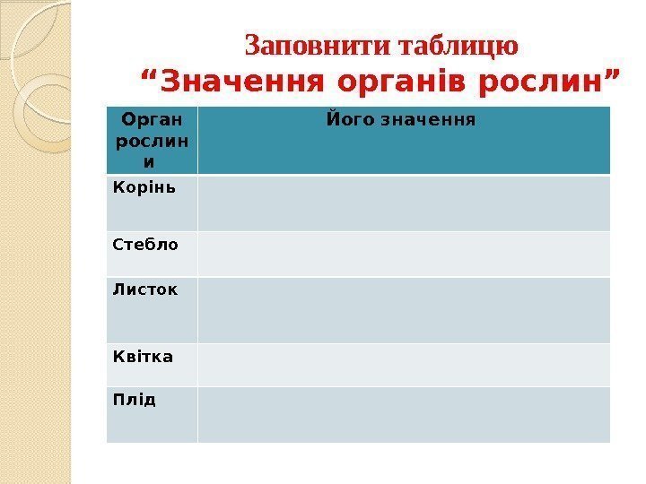 Заповнити таблицю “Значення органів рослин” Орган рослин и Його значення Корінь Стебло Листок Квітка