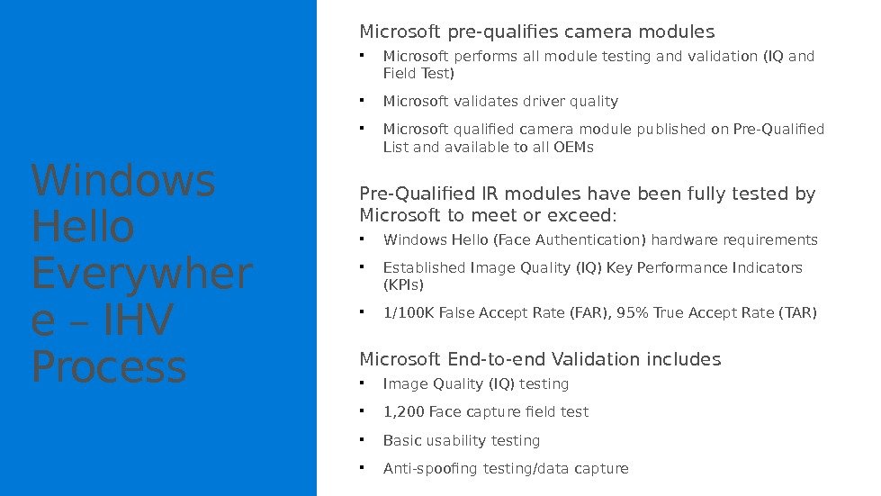 Windows Hello Everywher e – IHV Process Microsoft pre-qualifies camera modules  Microsoft performs