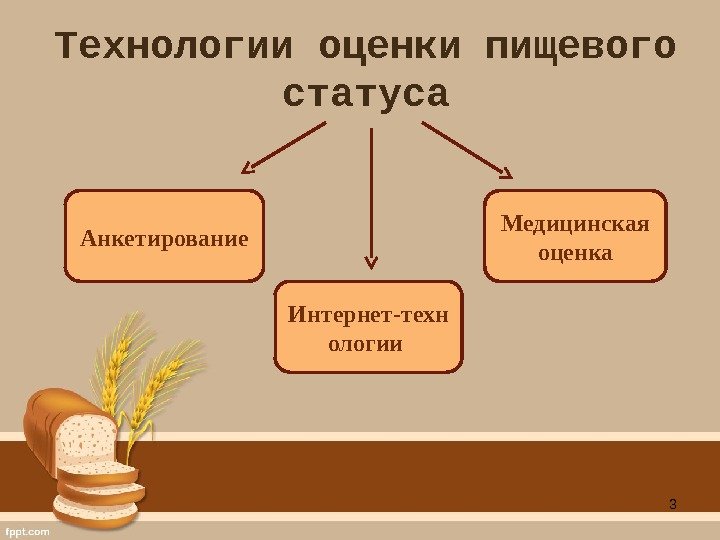 3 Технологии оценки пищевого статуса Анкетирование Интернет-техн ологии Медицинская оценка 