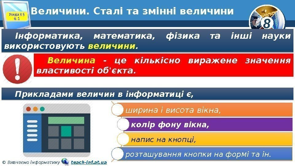8 © Вивчаємо інформатику   teach-inf. at. ua. Величини. Сталі та змінні величини