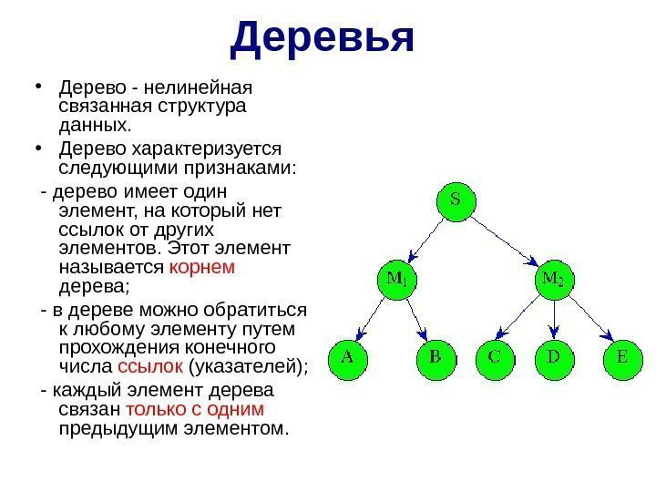 Деревья  • Дерево - нелинейная связанная структура данных.  • Дерево характеризуется следующими