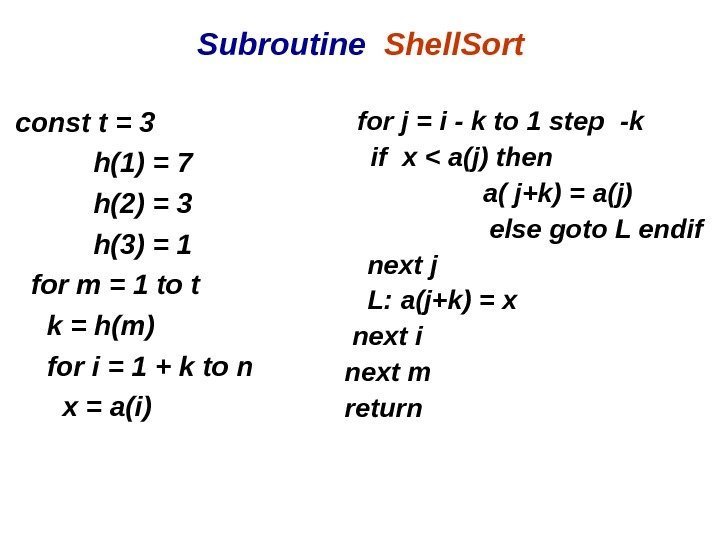 Subroutine  Shell. Sort const t = 3  h(1) = 7  h(2)