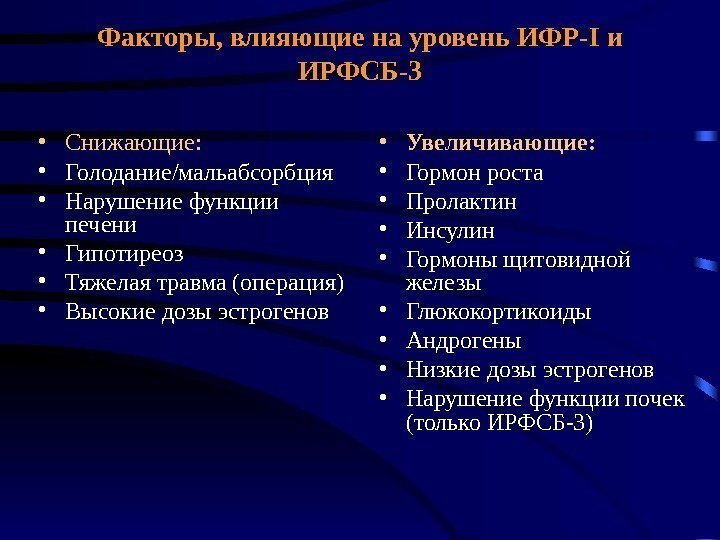 Факторы, влияющие на уровень ИФР- I и ИРФСБ-3 • Снижающие:  • Голодание/мальабсорбция •