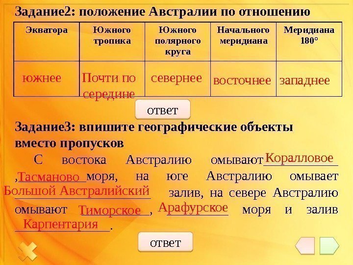 Задание 2:  положение Австралии по отношению Задание 3: впишите географические объекты  вместо