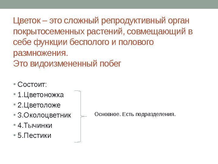 Цветок – это сложный репродуктивный орган покрытосеменных растений, совмещающий в себе функции бесполого и