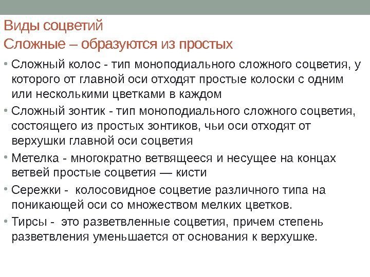 Виды соцветий Сложные – образуются из простых • Сложный колос - тип моноподиального сложного