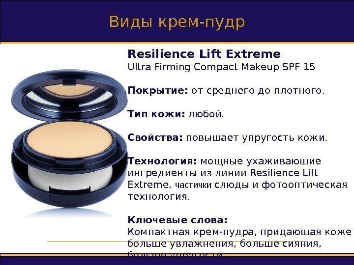 Виды крем-пудр Resilience Lift Extreme Ultra Firming Compact Makeup SPF 15 Покрытие : 