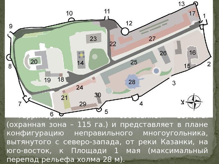 Территория кремля составляет 13, 45 га.  (охранная зона – 115 га. ) и