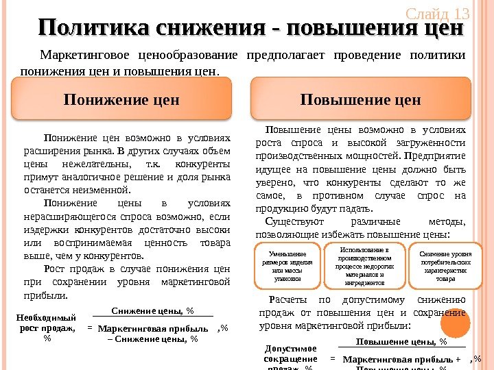 Политика снижения - повышения цен Маркетинговое ценообразование предполагает проведение политики понижения цен и повышения