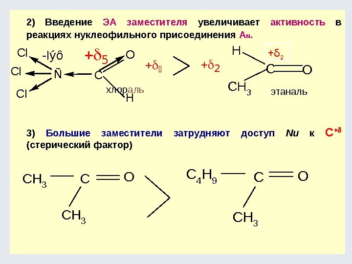 2) Введение ЭА заместителя  увеличивает активность  в реакциях нуклеофильного присоединения A N.