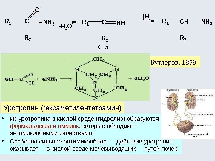 А. М. Бутлеров, 1859 Уротропин (гексаметилентетрамин) • Из уротропина в кислой среде (гидролиз) образуются