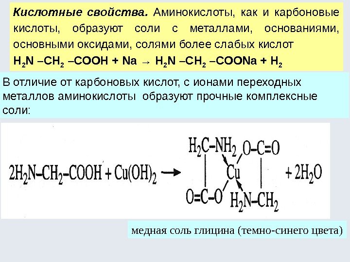 Кислотные свойства.  Аминокислоты,  как и карбоновые кислоты,  образуют соли с металлами,