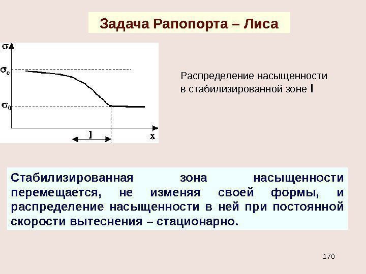 Задача Рапопорта – Лиса Распределение насыщенности в стабилизированной зоне l Cтабилизированная зона насыщенности перемещается,