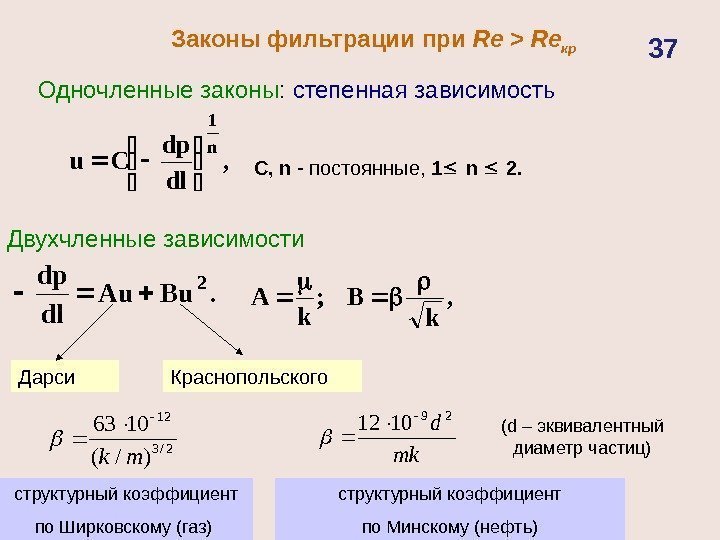 Законы фильтрации при Re  Re кр  Одночленные законы :  степенная зависимость,