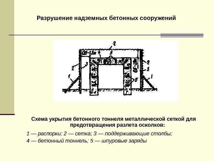  Схема укрытия бетонного тоннеля металлической сеткой для предотвращения разлета осколков: 1 — распорки;