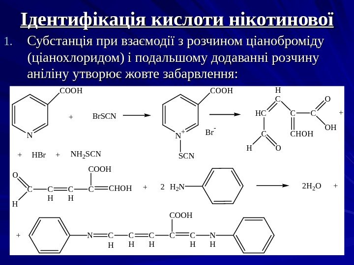 Ідентифікація кислоти нікотинової 1. 1. Субстанція при взаємодії з розчином ціаноброміду (ціанохлоридом) і подальшому