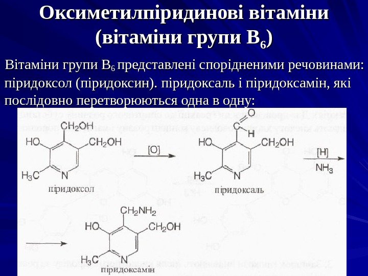 Оксиметилпіридинові вітаміни (вітаміни групи В 66 ))  Вітаміни групи В 6 6 представлені