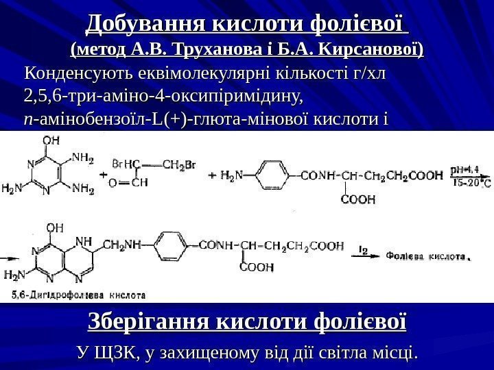 Добування кислоти фолієвої  (( метод А. В. Труханова і Б. А. Кирсанової) 