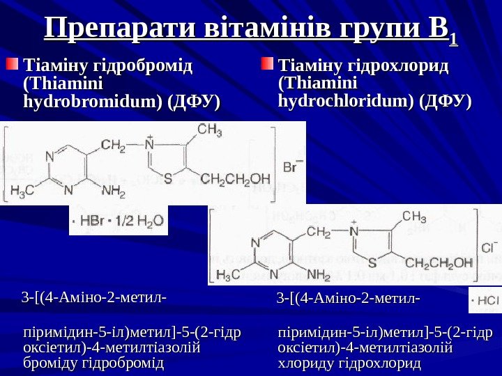 Препарати вітамінів групи В 11 Тіаміну гідробромід (( Thiamini hydrobromidum ))  (ДФУ) 
