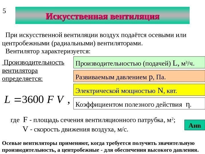 Искусственная вентиляция  При искусственной вентиляции воздух подаётся осевыми или центробежными (радиальными) вентиляторами. Вентилятор