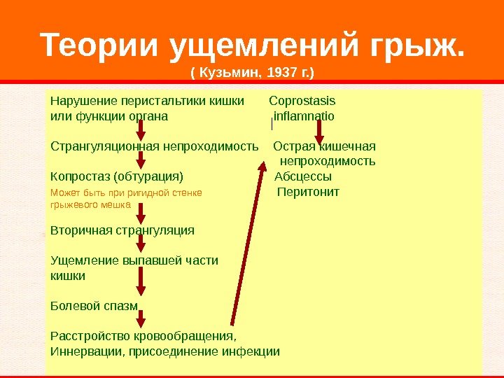   Теории ущемлений грыж. ( Кузьмин, 1937 г. ) Нарушение перистальтики кишки 
