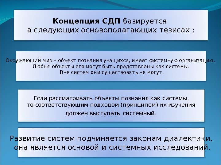 Концепция СДП базируется а следующих основополагающих тезисах : Окружающий мир – объект познания учащихся,