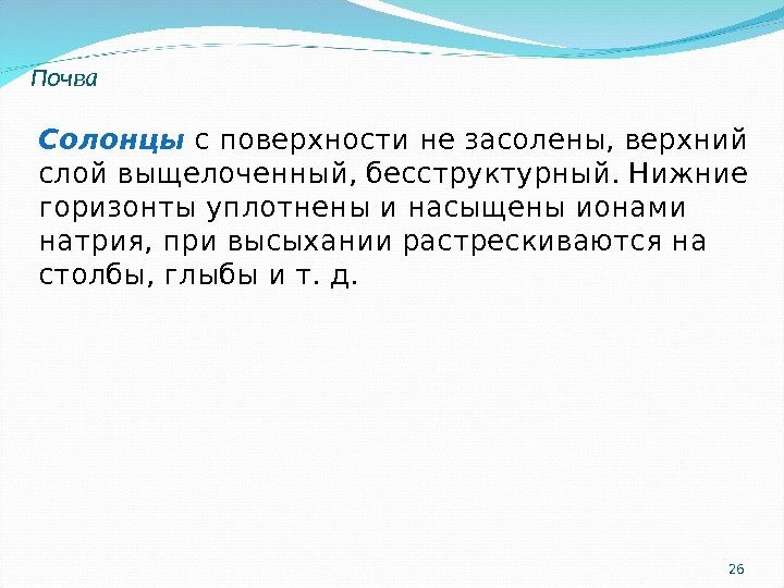 26 Почва Солонцы с поверхности не засолены, верхний слой выщелоченный, бесструктурный. Нижние горизонты уплотнены