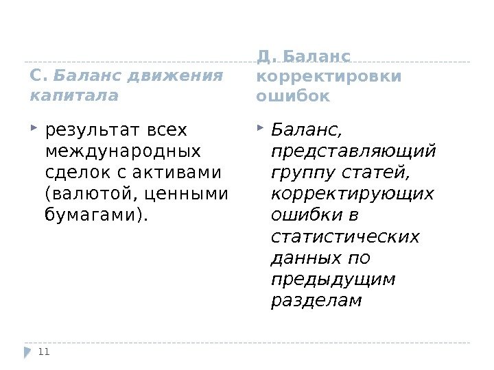 С.  Баланс движения капитала Д. Баланс корректировки ошибок результат всех международных сделок с