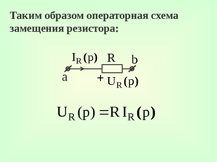)(p. IR(p)U RR Таким образом операторная схема замещения резистора: a )(p. U R b.