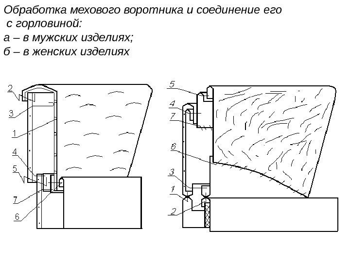 Обработка мехового воротника и соединение его с горловиной:  а – в мужских изделиях;