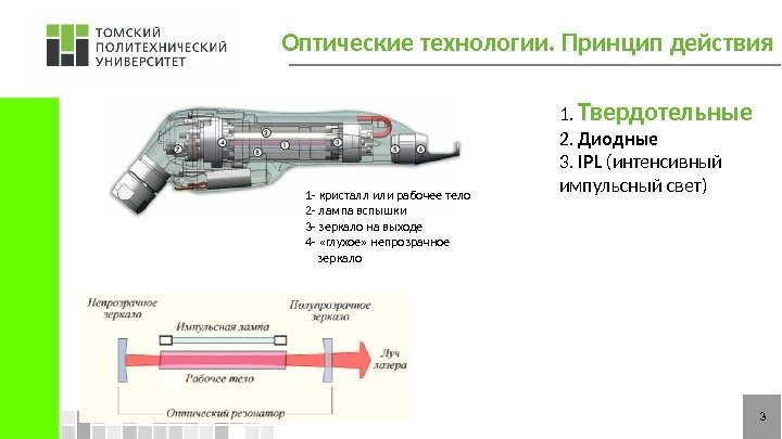 Оптические технологии. Принцип действия 1.  Твердотельные  2.  Диодные 3.  IPL