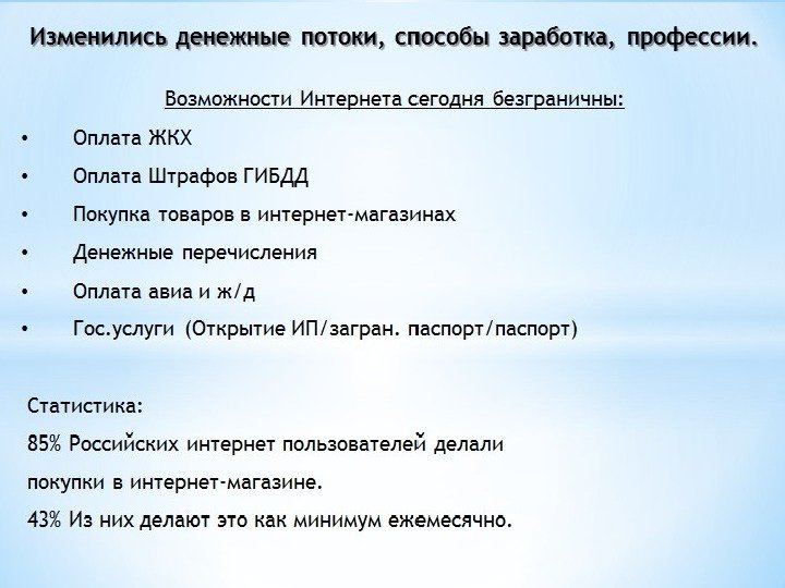 Изменились денежные потоки, способы заработка, профессии. Возможности Интернета сегодня безграничны:  •  Оплата