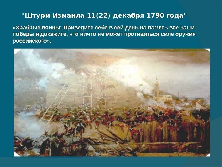   Штурм Измаила 11(22) декабря 1790 года  «Храбрые воины! Приведите себе в