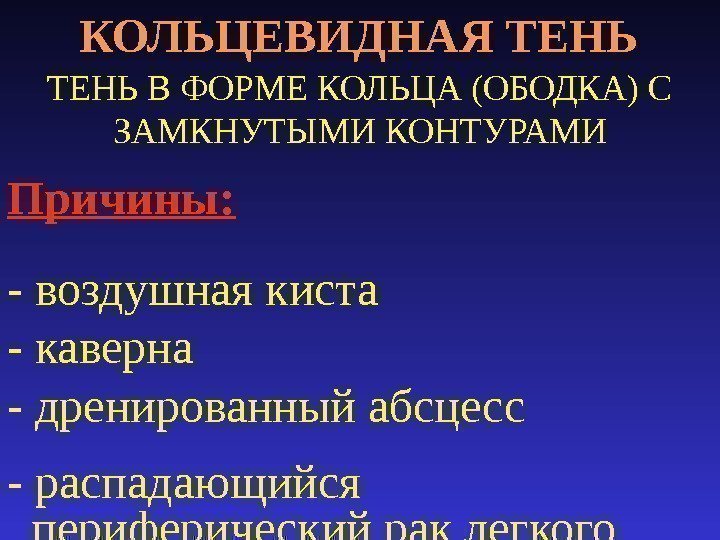 КОЛЬЦЕВИДНАЯ ТЕНЬ В ФОРМЕ КОЛЬЦА (ОБОДКА) С ЗАМКНУТЫМИ КОНТУРАМИ - воздушная киста - каверна