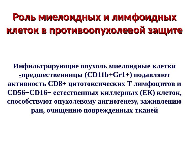 Роль миелоидных и  лимфоидных клеток в противоопухолевой защите Инфильтрирующие опухоль миелоидные клетки -