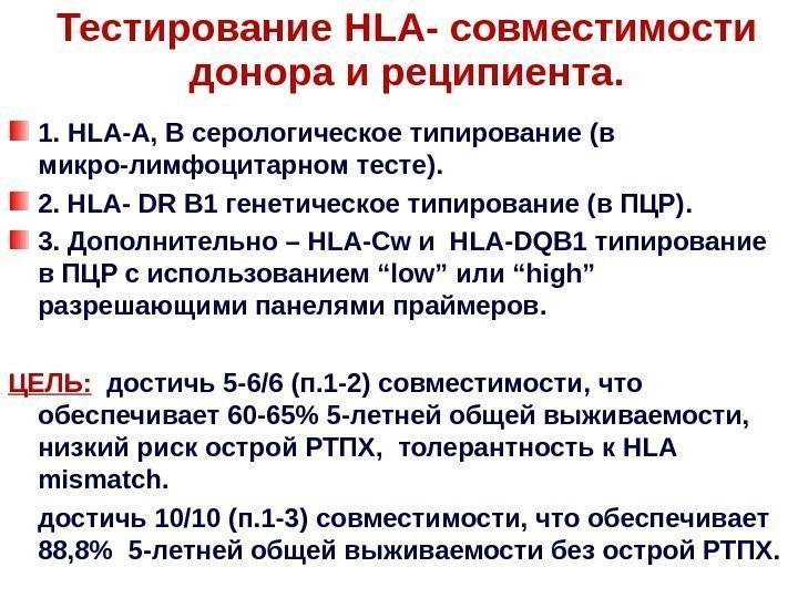 Тестирование HLA- совместимости донора и реципиента. 1.  HLA-A, B серологическое типирование ( в