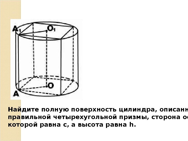 Найдите полную поверхность цилиндра, описанного около правильной четырехугольной призмы, сторона основания которой равна с,