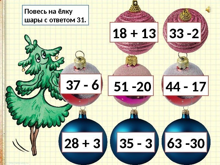 Повесь на ёлку шары с ответом 31. 63 -30 33 -2 28 + 3