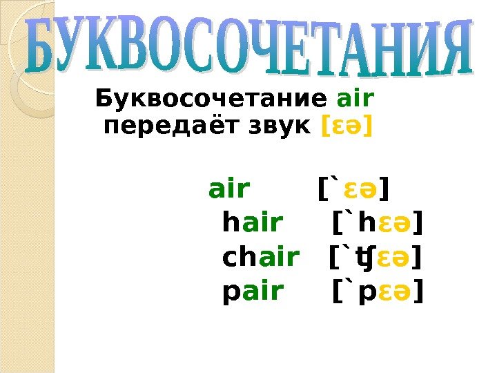  Буквосочетание  air  передаёт звук  [ɛə]   air  [`