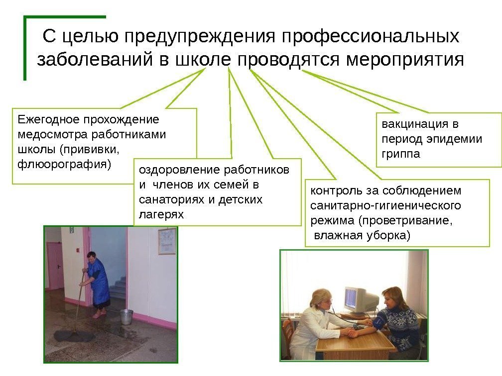   С целью предупреждения профессиональных заболеваний в школе проводятся мероприятия Ежегодное прохождение медосмотра