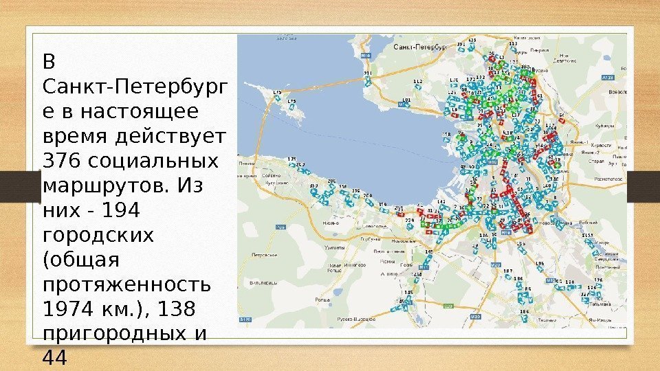 В Санкт-Петербург е в настоящее время действует 376 социальных маршрутов. Из них - 194