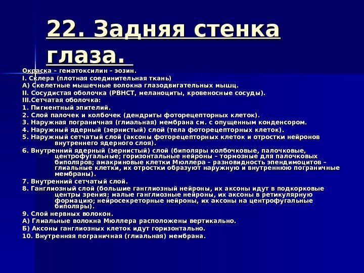 22. Задняя стенка глаза. Окраска – гематоксилин – эозин. I. I.  Склера (плотная