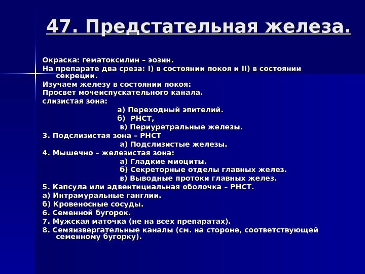 47. Предстательная железа. Окраска: гематоксилин – эозин. На препарате два среза:  II )