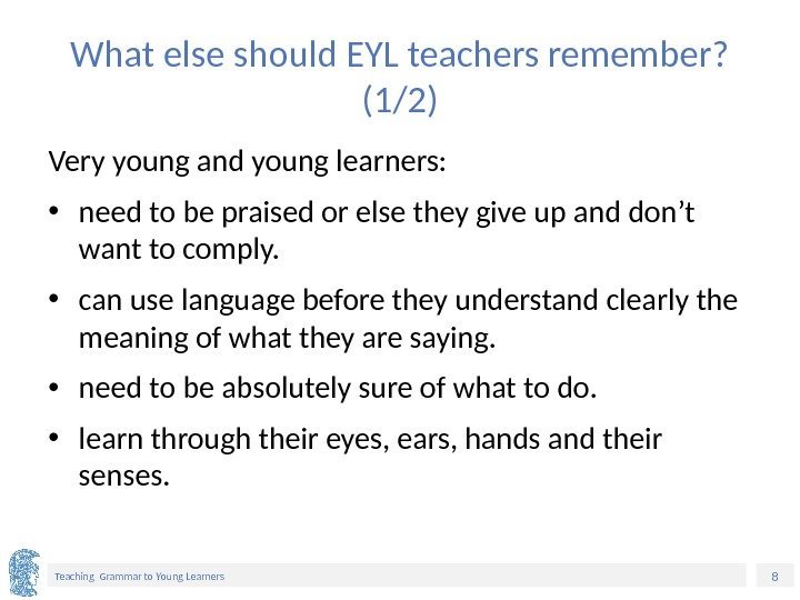 8 Teaching Grammar to Young Learners What else should EYL teachers remember?  (1/2)