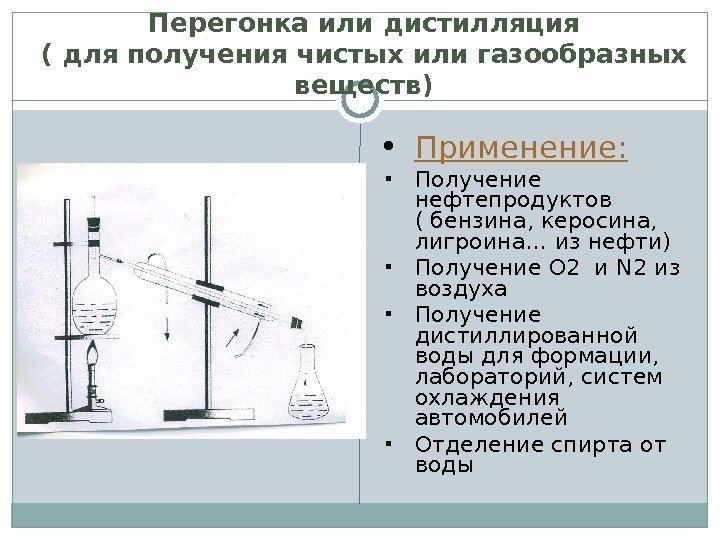 Перегонка или дистилляция ( для получения чистых или газообразных веществ) Применение:  Получение нефтепродуктов