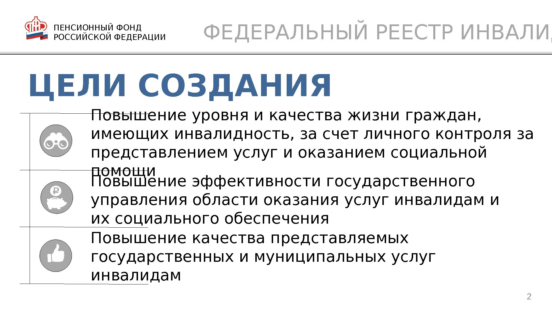 ЦЕЛИ СОЗДАНИЯ ПЕНСИОННЫЙ ФОНД РОССИЙСКОЙ ФЕДЕРАЦИИ Повышение уровня и качества жизни граждан,  имеющих