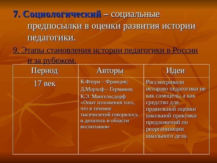   7. 7. Социологический – – социальные предпосылки в оценки развития истории педагогики.